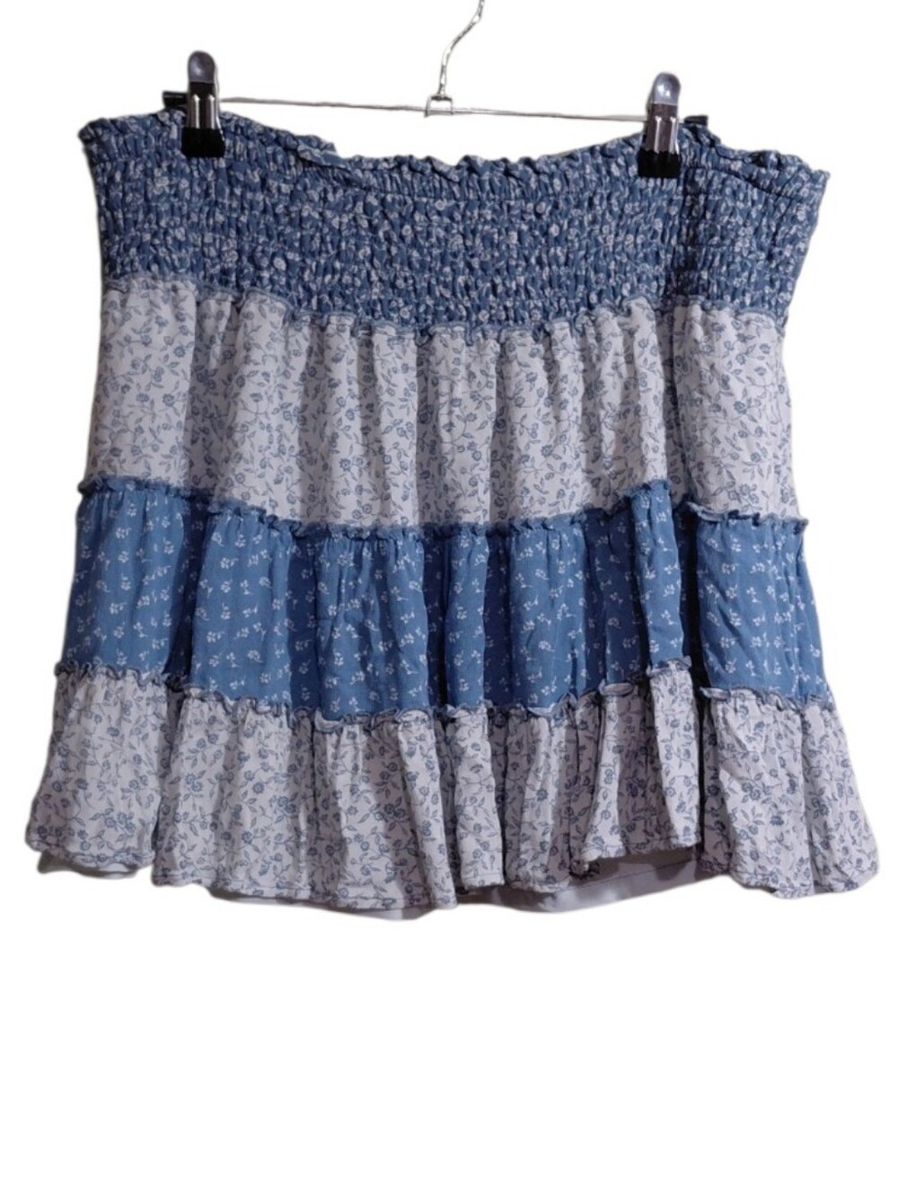 American Eagle Blue and Light Gray Floral Smocked Tiered Mini Skirt